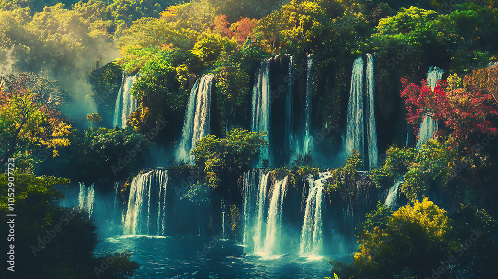 A panoramic shot of a series of tiered waterfalls flowing through a tropical forest, showcasing the vibrant colors of nature 
