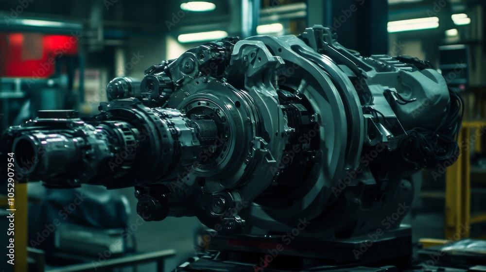 Fototapeta premium Detailed Industrial Engine Component in Workshop Setting