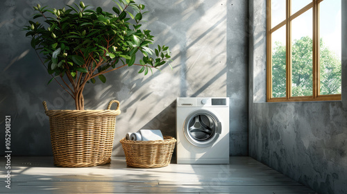 modern washing machine and laundry basket near light gray wall indoor, copy space. Bathroom interior photo