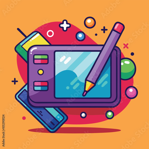 A digital drawing tablet with a pencil on it, surrounded by colorful accents.
