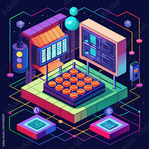 Isometric illustration of a futuristic factory with a production line and a control panel. The illustration uses vibrant colors and a minimalist design.