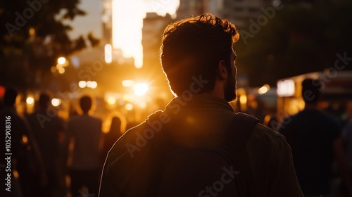 A man walks away from the sunset in a crowded city street.