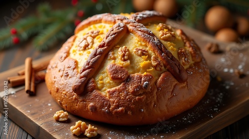 Greek Christopsomo with Walnuts and Spices for Christmas Celebration