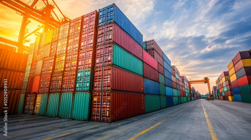 Fototapeta premium Colorful Shipping Containers at Dockside During Sunset