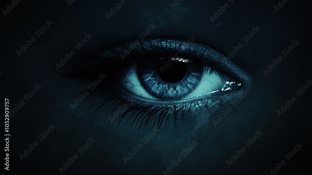 Fototapeta premium A close-up of a blue eye, with a dark background. The eye is looking directly at the viewer, and there is a sense of mystery and intrigue.