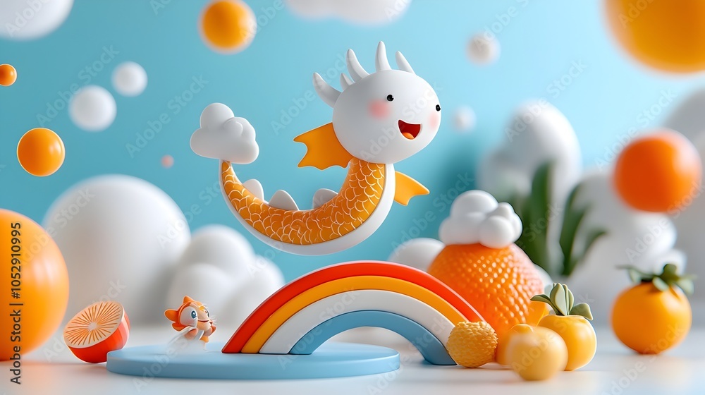 Naklejka premium Whimsical 3D clay dragon character flying over a rainbow bridge in a vibrant imaginative fantasy world Playful surreal and magical animation design