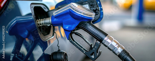 A car is being filled with gas. The gas pump is blue and black. The car is parked at a gas station