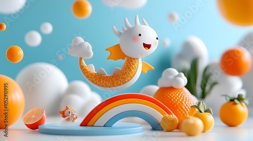 Whimsical 3D clay dragon character flying over a rainbow bridge in a vibrant imaginative fantasy world Playful surreal and magical animation design