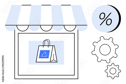 Storefront with striped awning displaying a shopping bag with recycle symbol. Percentage sign circle and gear icons on the side. Ideal for retail, eco-friendly shopping, sales, ecommerce, marketing