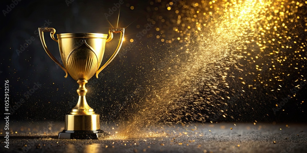 Champion golden trophy on black background with gold glitters explosion, success, achievement, winner, victory Champion golden trophy on black background with gold glitters explosion, success, achievement, winner, victory