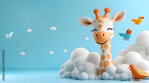 Playful 3D Clay Giraffe Sculpture Stretching Its Neck into Colorful Cloudy Sky Surrounded by Whimsical Cartoon Birds Imaginative and Surreal Digital Artwork