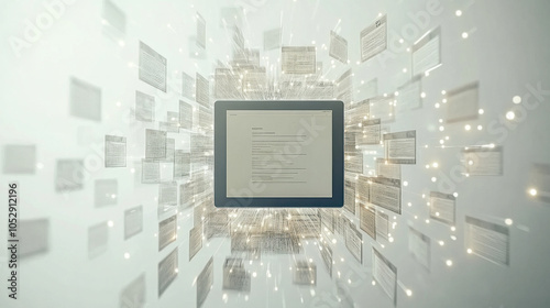 A tablet screen is surrounded by a cloud of text. The text is jumbled and overlapping, creating a sense of chaos and confusion. The image is meant to convey the idea of information overload