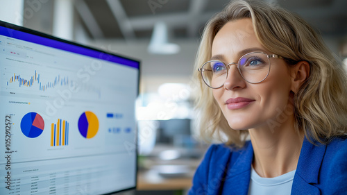 Businesswoman analyzing data on computer in office. Professional growth and technology concept. Modern workplace and successful career.