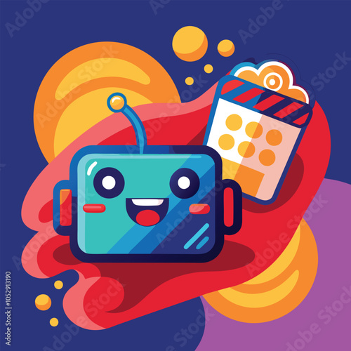 A cute robot with a big smile is holding a bucket of popcorn, ready for a movie night.