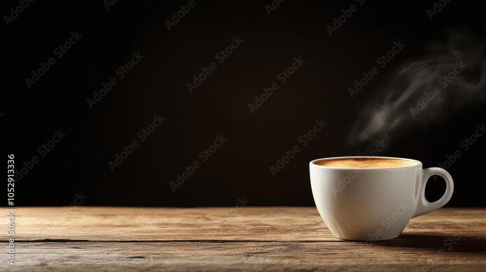 Steaming coffee cup on rustic wooden table Steaming coffee cup on rustic wooden table