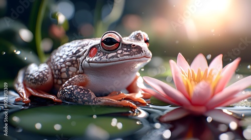 Surreal scene of 3D clay frogs sitting atop vibrant lily pads in a tranquil pond under a glowing sunset sky photo