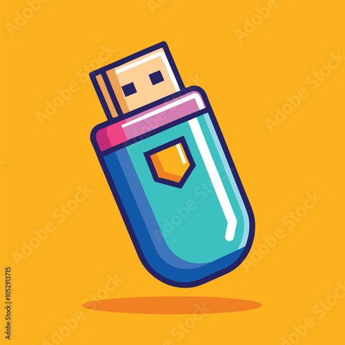 A colorful cartoon illustration of a USB drive on a yellow background.