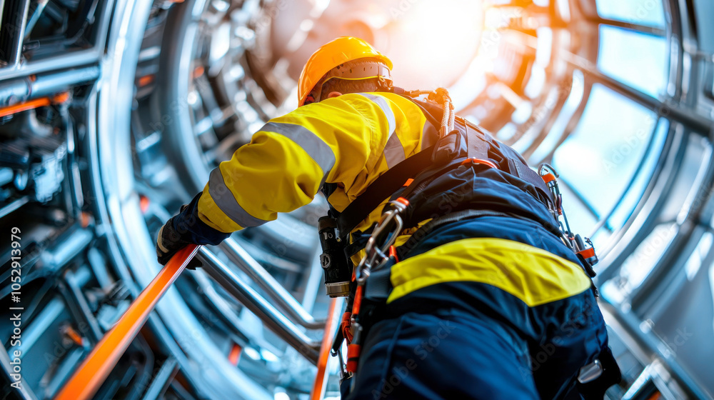 wind turbine technician is climbing ladder inside turbine structure, showcasing importance of safety and skill in renewable energy sector wind turbine technician is climbing ladder inside turbine structure, showcasing importance of safety and skill in renewable energy sector