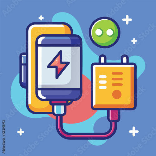 A smartphone charging with a power adapter and cable. The phone has a lightning bolt symbol on the screen, indicating that it is charging.