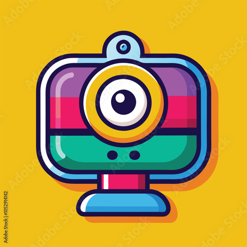 Colorful illustration of a webcam with a single large eye. The webcam is bright and fun, making it perfect for a modern, techy design.