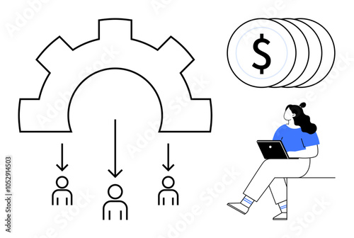 Business workflow diagram with gear and arrows to people icons. Coins with dollar sign. Woman using tablet. Ideal for business process management, financial planning, productivity, technology