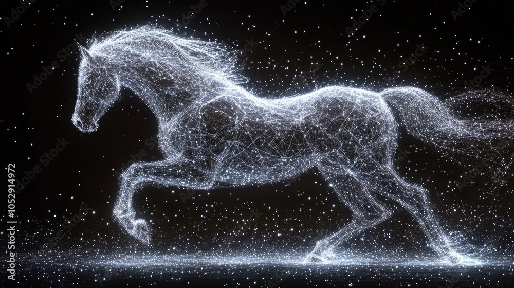 A white, glowing horse gallops through the dark with a trail of sparkles behind it. A white, glowing horse gallops through the dark with a trail of sparkles behind it.
