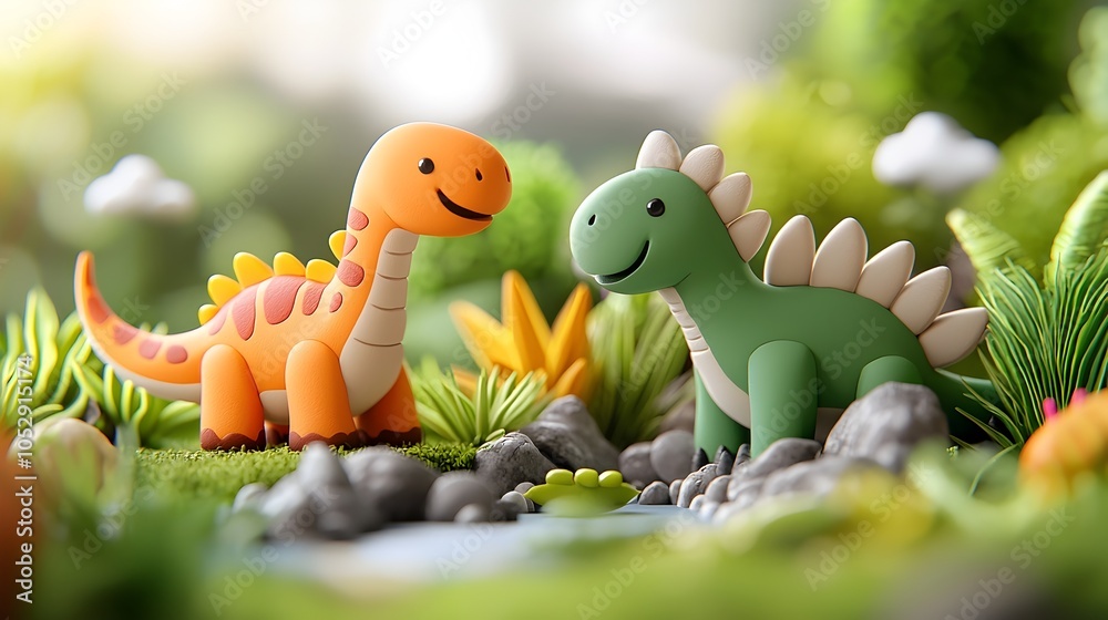 Naklejka premium Playful 3D clay dinosaurs having an exciting race through a vibrant prehistoric world filled with color and imagination