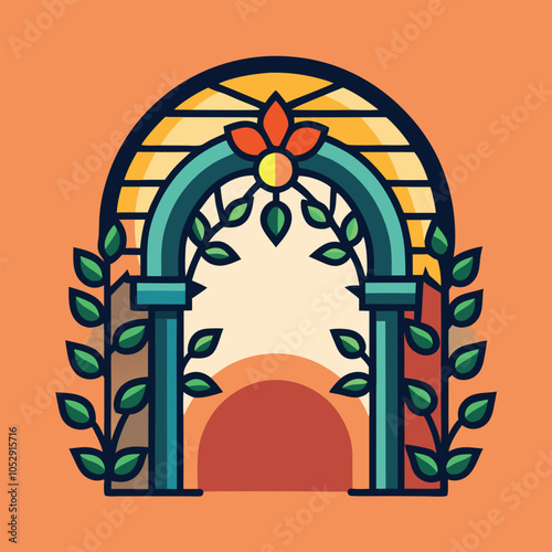 A stylized illustration of an archway adorned with vines and a flower, creating a whimsical and inviting passage.