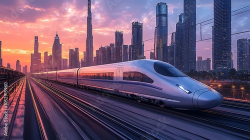 Modern high-speed train speeding through a city skyline at sunset.