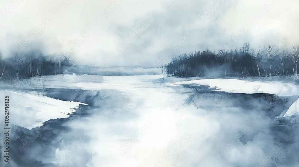 Obraz premium Winter's Embrace: Serene Watercolor Landscape 