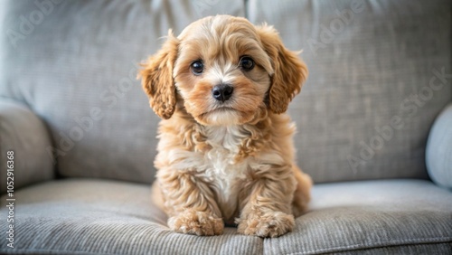 Close up of a cute Cavoodle puppy sitting on a couch , Cavoodle, puppy, dog, sitting, couch, close up, adorable, fluffy, small