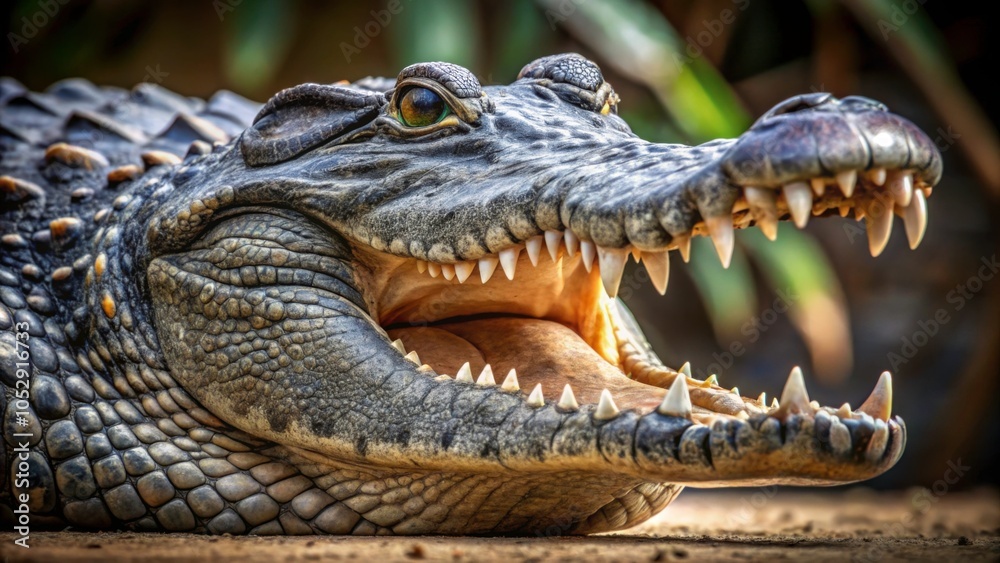 Fototapeta premium A menacing alligator showcasing its sharp teeth and powerful jaws, predator, reptile, wildlife, dangerous, aggressive, predator