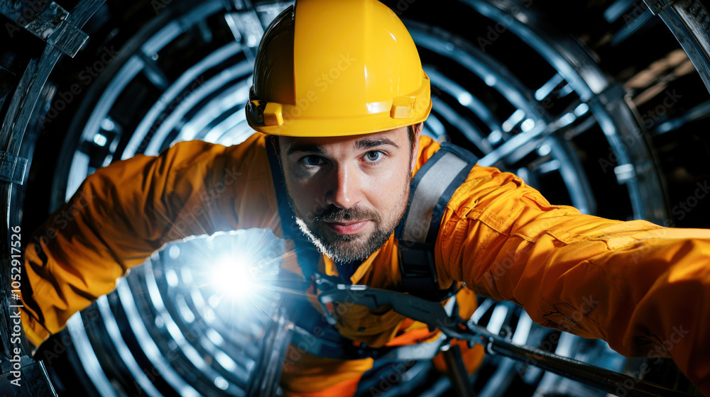 wind turbine technician is seen climbing inside turbine structure, showcasing determination and focus. bright light illuminates path ahead, emphasizing challenging work environment wind turbine technician is seen climbing inside turbine structure, showcasing determination and focus. bright light illuminates path ahead, emphasizing challenging work environment