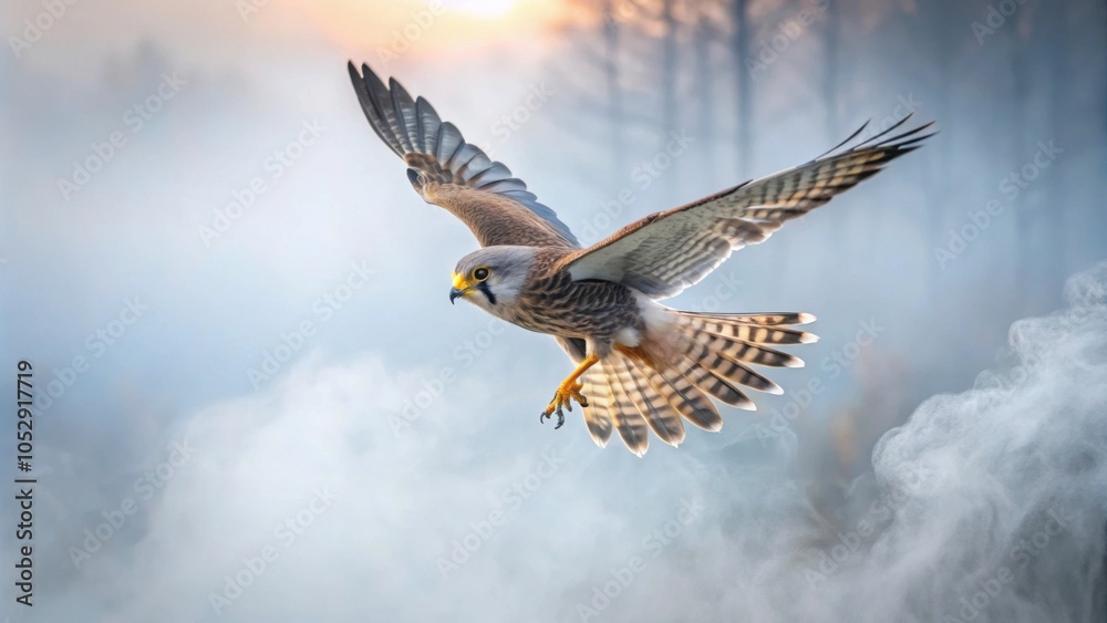 Obraz premium A kestrel gracefully diving through foggy morning air , kestrel, gliding, foggy, morning, air, wings, outstretched, dive