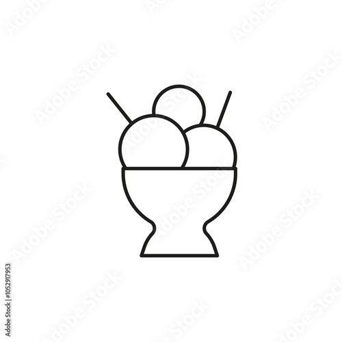 Minimalist Line Art of Ice Cream Sundae in Bowl with Two Sticks.