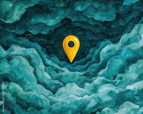 A vibrant yellow location pin stands out against a swirling teal cloud background. photo