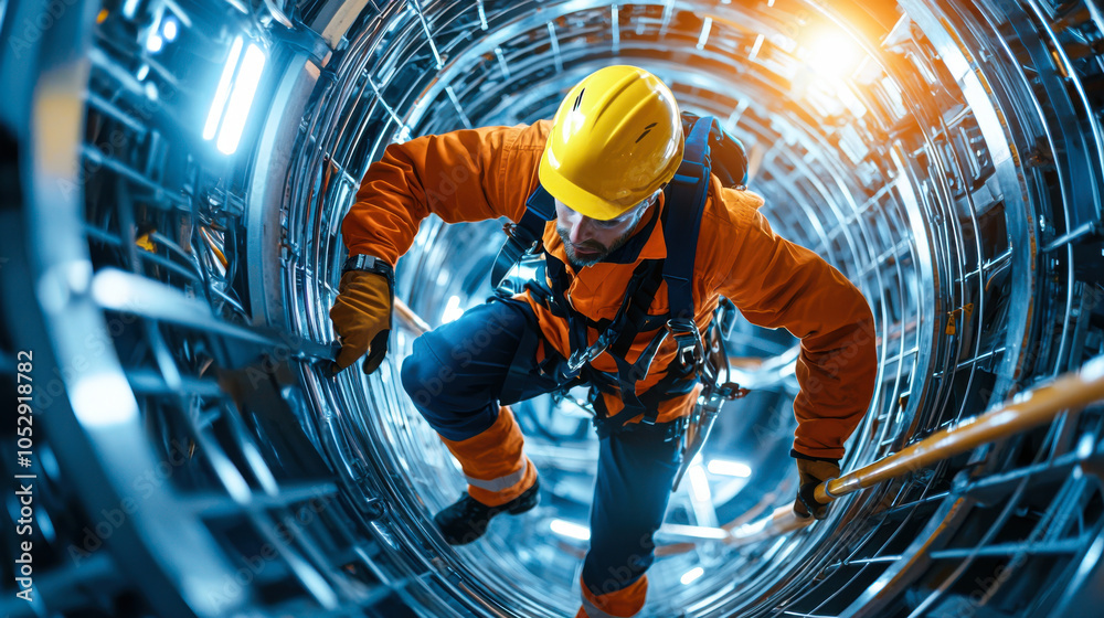 wind turbine technician is climbing inside turbine structure, showcasing challenges and safety measures involved in job. bright lights and industrial setting highlight technical environment wind turbine technician is climbing inside turbine structure, showcasing challenges and safety measures involved in job. bright lights and industrial setting highlight technical environment