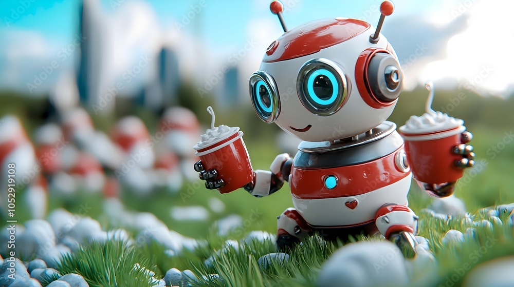 Naklejka premium Whimsical 3D clay robots dancing and celebrating in a vibrant futuristic cityscape The robots have a playful imaginative design adding a touch of fantasy and creativity to the scene