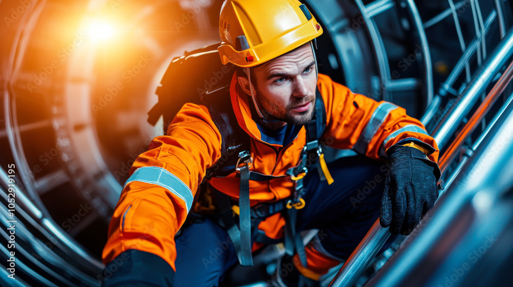 Fototapeta premium wind turbine technician in orange safety suit climbs inside turbine, showcasing determination and focus. scene highlights importance of safety in renewable energy