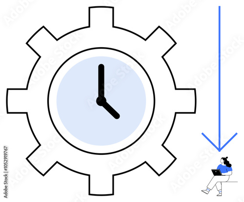 Large gear with clock symbolizing efficiency, businesswoman working on laptop seated on chair, downward arrow. Ideal for productivity, time management, business efficiency, work balance, punctuality