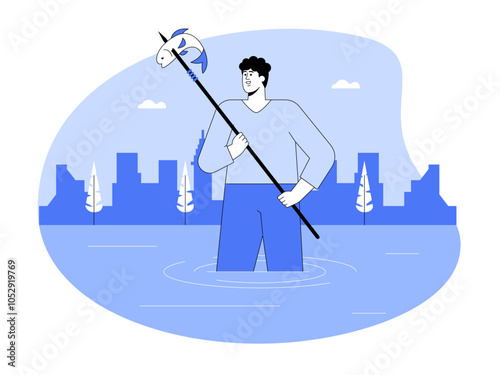 Man spearing fish. Fishing illustration. Flat vector illustration.