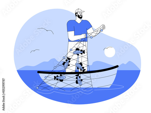 Fisherman netting fish. Fishing illustration. Flat vector illustration.