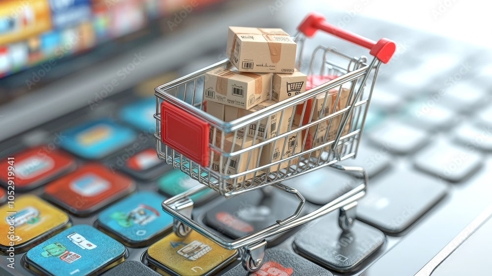 Shopping cart filled with boxes on laptop keyboard, symbolizing online shopping and e commerce. This captures convenience and modernity of purchasing products digitally Shopping cart filled with boxes on laptop keyboard, symbolizing online shopping and e commerce. This captures convenience and modernity of purchasing products digitally