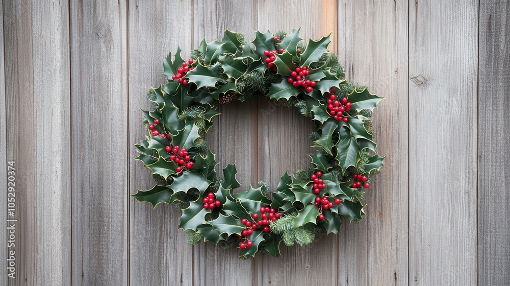 Traditional holiday wreath or Christmas wreath made of green holly leaves, red berries, and pine sprigs, hanging on a wooden wall Traditional holiday wreath or Christmas wreath made of green holly leaves, red berries, and pine sprigs, hanging on a wooden wall