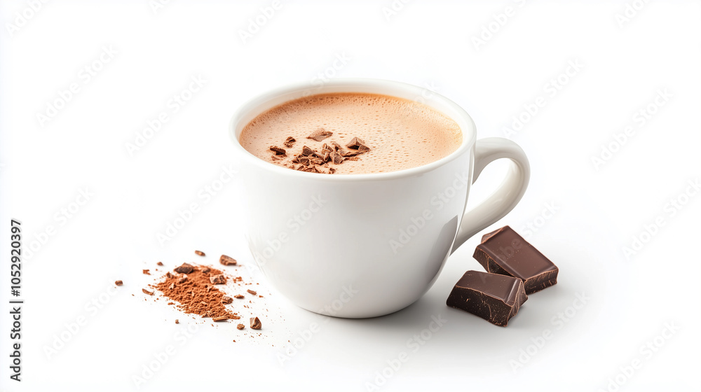 Rich hot chocolate in white cup topped with chocolate shavings, accompanied by chocolate pieces. Rich hot chocolate in white cup topped with chocolate shavings, accompanied by chocolate pieces.