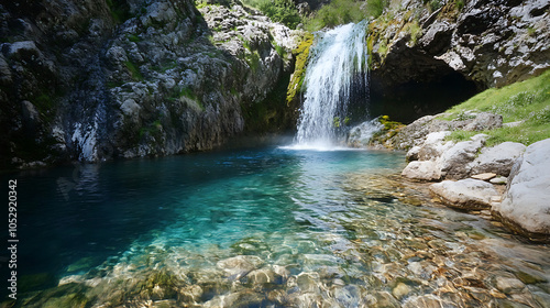 A wide-angle view of a majestic waterfall with clear blue water flowing into a serene pool, perfect for summer swimming 