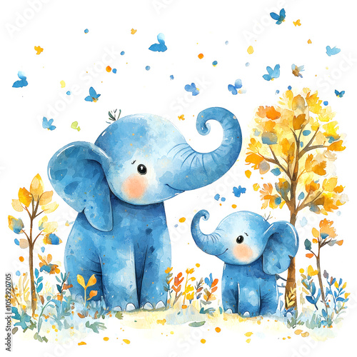 Whimsical elephants in dreamlike setting, surrounded by colorful butterflies and autumn trees, evoke sense of joy and wonder photo