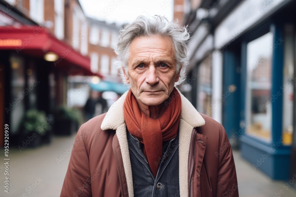 Portrait of senior man with grey hair wearing coat and red scarf in the city. Portrait of senior man with grey hair wearing coat and red scarf in the city.