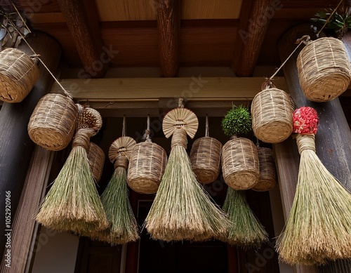 Kadomatsu (pine entrance adornments) and Shimekazari
(straw ropes with ornaments)  photo