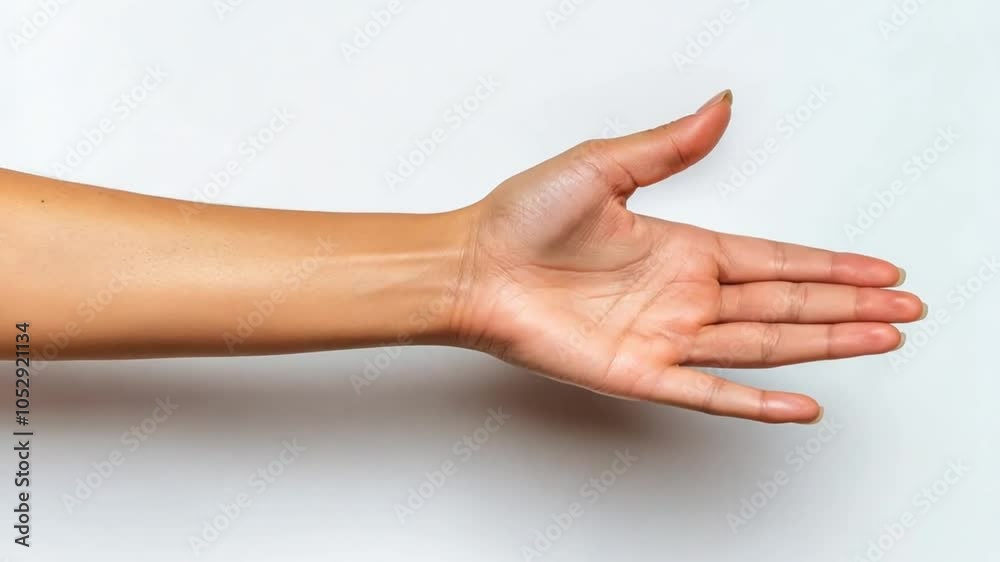 The hand is extended outward with fingers slightly spread, suggesting an open gesture. The skin tone is warm and the background is neutral, emphasizing the hand's posture The hand is extended outward with fingers slightly spread, suggesting an open gesture. The skin tone is warm and the background is neutral, emphasizing the hand's posture